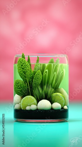 Glass Terrarium with Green Succulents and White Rocks on Pink Background