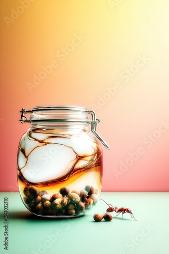 Glass Jar with Brown Liquid and Seeds on Green Surface Against Orange and Pink Gradient Background
