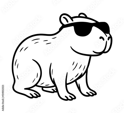 Funny black and white vector illustration of a capybara in sunglasses. Minimalist cartoon line art, perfect for summer-themed designs, stickers, logos, apparel prints, and digital products.