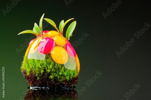 Glistening Sphere with Moss and Colorful Candies