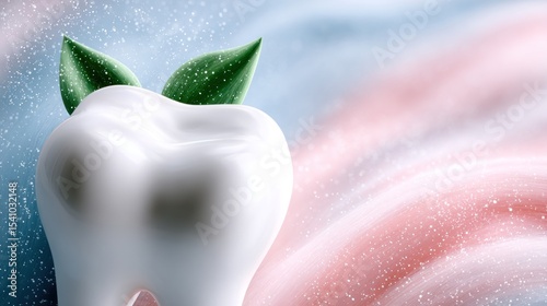 Gleaming Pristine Molar with Green Leaves on Soft Pink and Blue Background
