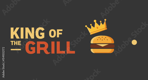 KING OF THE GRILL. Cartoon illustration of a cheeseburger wearing a golden crown. Barbecue and grilling champion concept on a dark background.