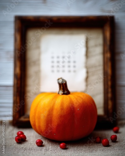 Glittery Orange Pumpkin in Rustic Wooden Frame with Red Berries
