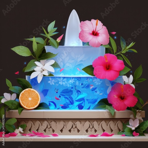 Glowing Blue Fountain with Hibiscus and Jasmine Flowers
