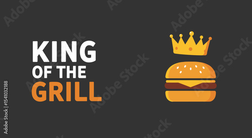 KING OF THE GRILL logo design with a crowned cheeseburger illustration. Barbecue, fast food, and grilling concept.
