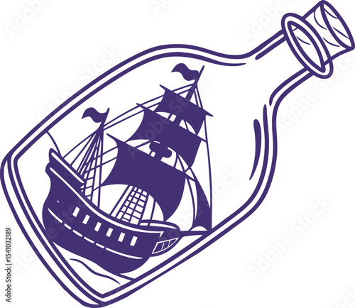 Detailed silhouette of a vintage sailing ship with full sails inside a classic glass bottle with cork stopper isolated on white background vector illustration perfect for maritime and nautical themes