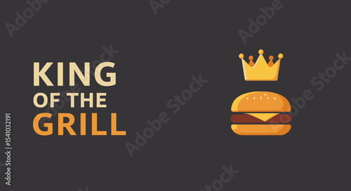 KING OF THE GRILL. Cartoon cheeseburger with a golden crown, symbolizing the best barbecue master. Fast food icon or logo for grilling enthusiasts and summer cookouts.