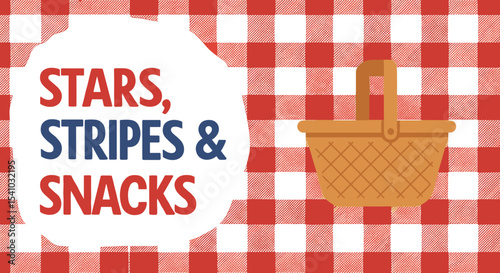 STARS, STRIPES & SNACKS. Patriotic picnic concept with a basket on a red and white gingham tablecloth background. Fourth of July celebration illustration.