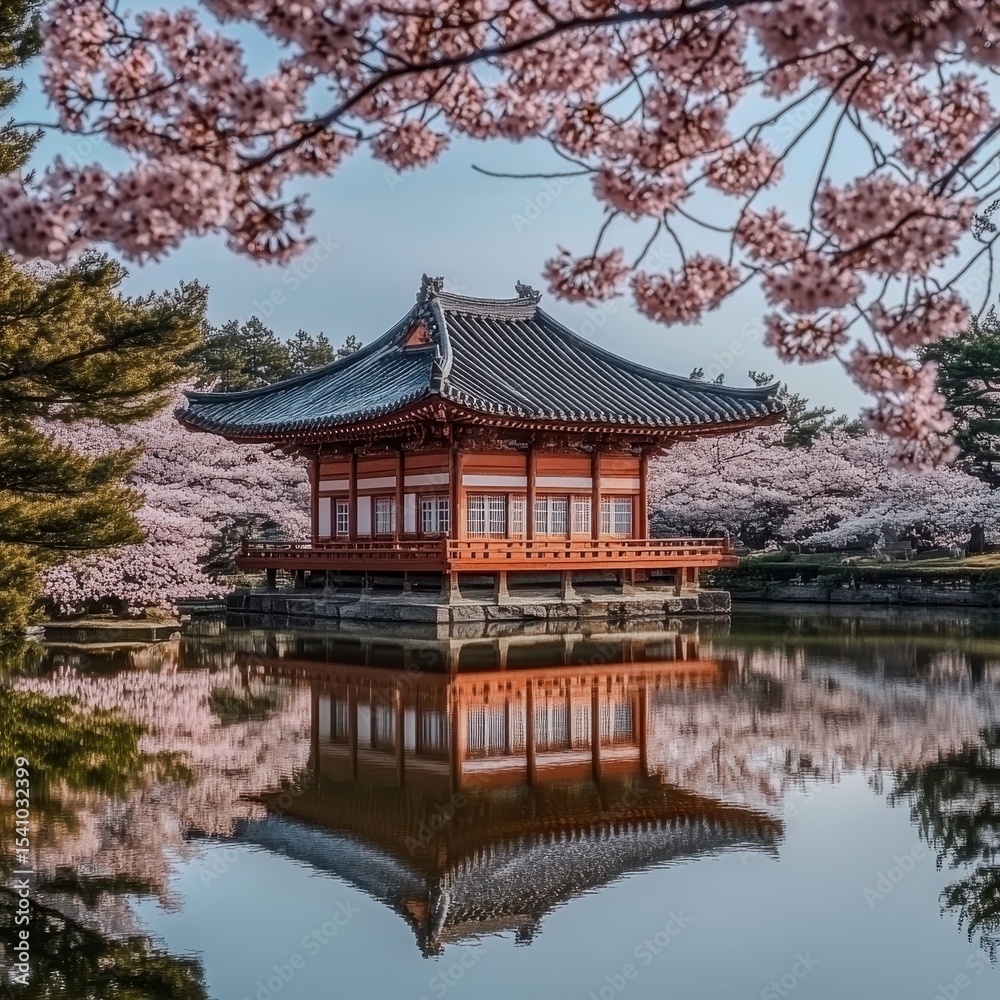 Fototapeta premium A serene temple surrounded by cherry blossoms for World Poetry Day Focus on the temple and blossoms