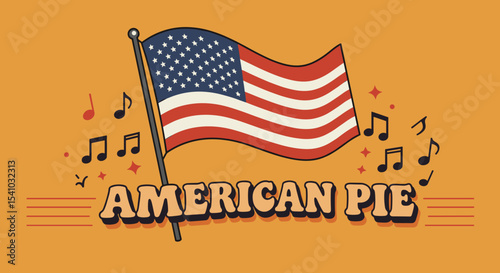 AMERICAN PIE. Retro illustration of the American flag with musical notes. Vintage patriotic design concept for posters or celebrations.