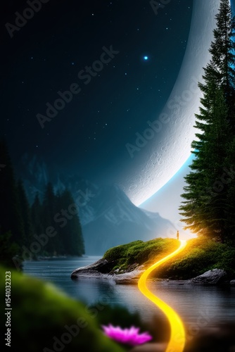 Golden Path to a Mystical Night Lake Landscape