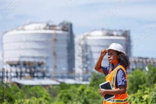 An environmental engineer conducts a site survey near large industrial storage tanks. Wearing safety gear and holding a tablet, she evaluates environmental impact and infrastructure integrity.