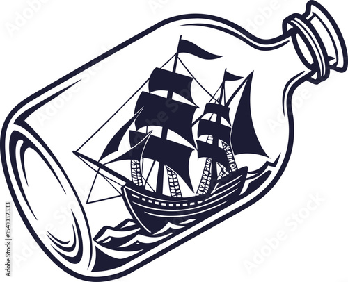 Silhouette of a Ship in a Bottle Capturing Nautical Adventure in Classic Line Art Style