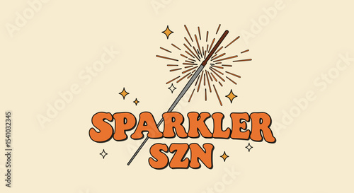 SPARKLER SZN. Retro style illustration of a lit sparkler with bursting sparks and stars. Festive design for summer celebrations and holidays.