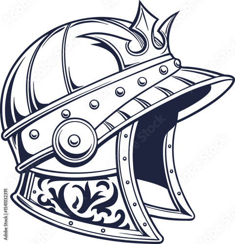 Ornate Vintage Helm Illustration with Decorative Elements in Classic Line Art Style