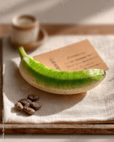 Green And White Banana With Coffee Beans On A Tray