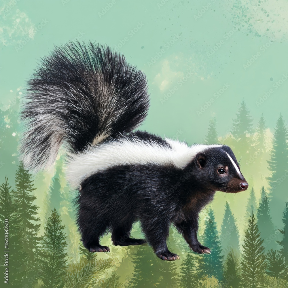 Fototapeta premium a skunk raising its tail as warning isolated on forestthemed background