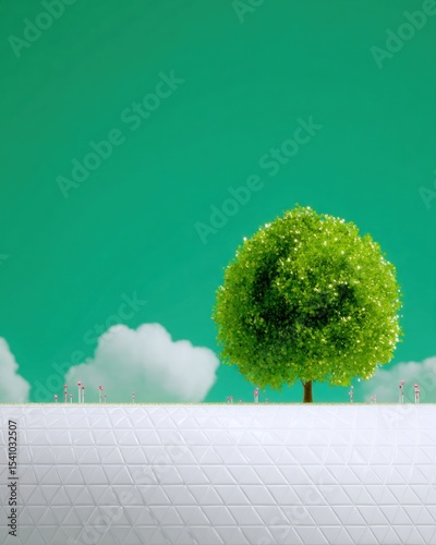 Green Tree on White Pavement Under Teal Sky