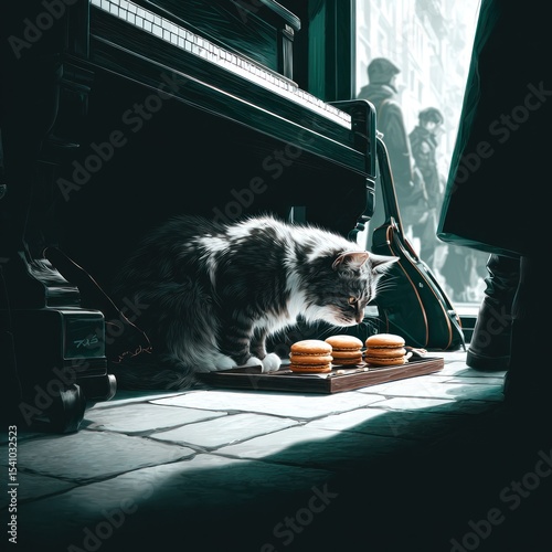 Grey Cat Enjoying Macaroons Near a Piano in a Dark City Alley