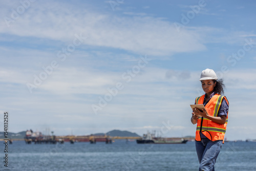 A female engineer conducts a coastal survey near the shore, holding a tablet and wearing safety gear. In the background, ships and industrial structures highlight maritime and environmental activity.