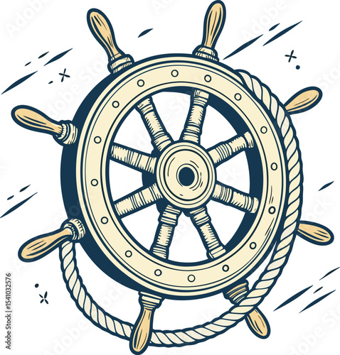 Vintage Nautical Ship Wheel Illustration with Rope Detailing in Classic Maritime Style