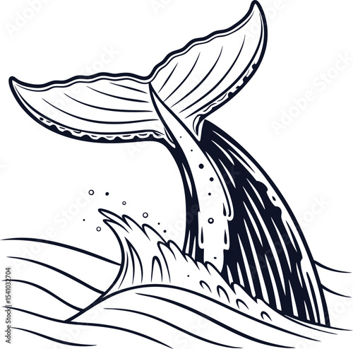 Whale Tail Line Art Illustration Featuring Dynamic Ocean Waves and Splashing Water Elements