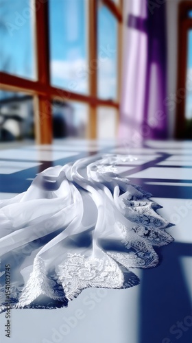 Intricate White Lace Fabric Draped on a Table Near Window