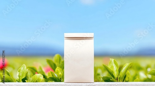 Kraft Paper Tea Bag Mockup Against Green Tea Plantation Background