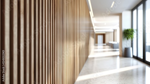 Bright Modern Hallway with Vertical Wooden Slat Wall
A contemporary corridor design features vertical wooden lamellas, minimalist décor, and abundant natural light streaming through large windows.