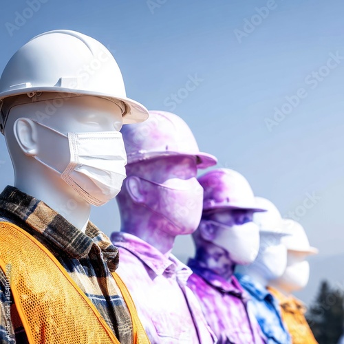 Mannequins Wearing Hard Hats and Masks Outdoors