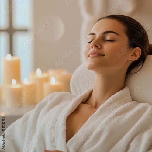 A serene woman in a white robe relaxing in a spa with candles
