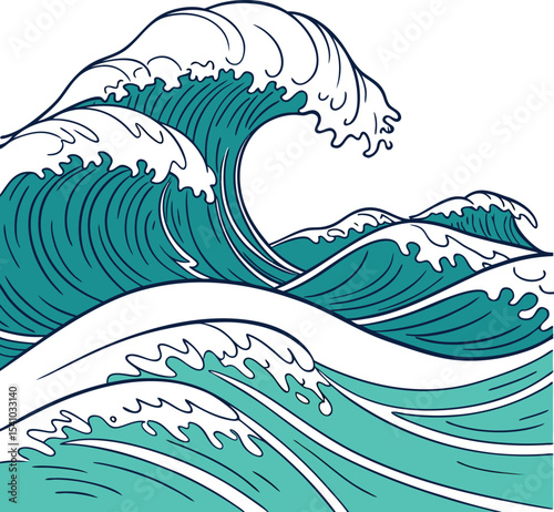 Majestic Ocean Waves Illustration with Dynamic Turquoise and White Crest Lines in Traditional Art Style