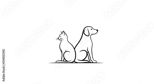Minimalist Black and White Line Art Cat and Dog Sitting Back to Back on White Background
