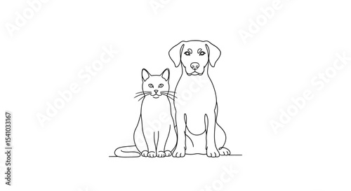 Minimalist Black Line Art Cat and Dog Sitting Together on White Background
