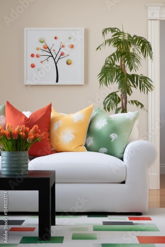 Modern Living Room Interior with White Sofa and Colorful Pillows