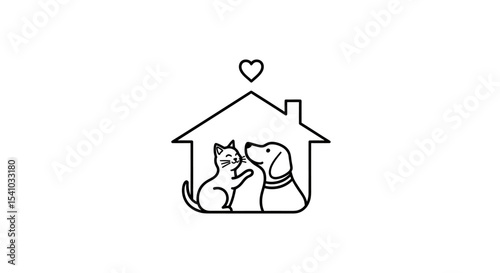 Simple Black Outline Cat and Dog Sitting Together Inside House with Heart Above
