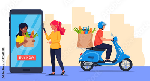 Woman Using Mobile Phone for Online Grocery Shopping with Delivery Man on Blue Scooter
