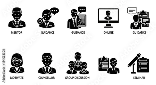 Black Silhouette Icons Representing Mentorship Guidance Counseling and Online Seminar Concepts
