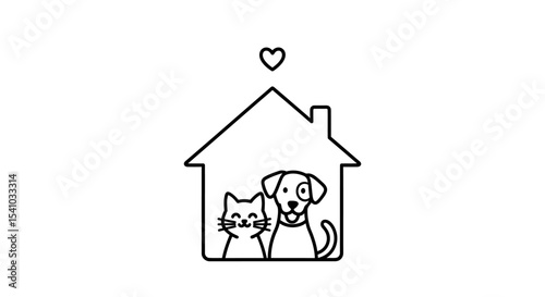 Cute Cat and Dog Sitting Together in Simple Black House Illustration with Heart Symbol
