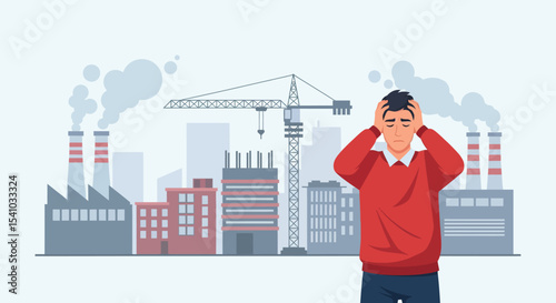 Stressed Man Wearing Red Sweater Holding Head Near Industrial Factory Pollution
