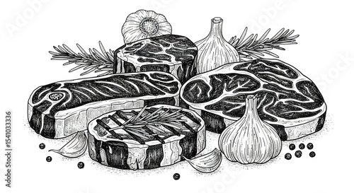 Fresh Raw Meat Cuts with Garlic Rosemary and Pepper Black and White Sketch

