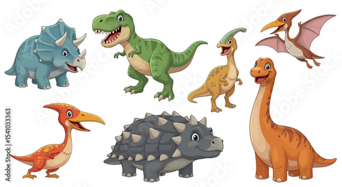 Colorful Cartoon Dinosaurs Smiling and Standing on White Background
