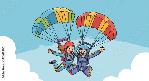 Two Happy People Skydiving with Colorful Parachutes in Clear Blue Sky
