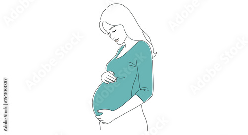Pregnant Woman in Teal Shirt Gently Holding Belly Standing on White Background
