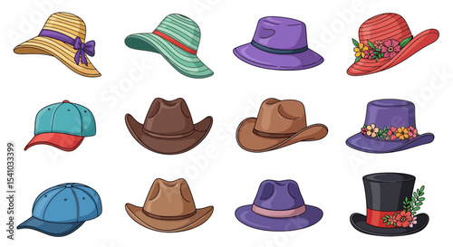 Colorful Assorted Stylish Hats Including Straw Fedora Cowboy and Baseball Caps on White Background
