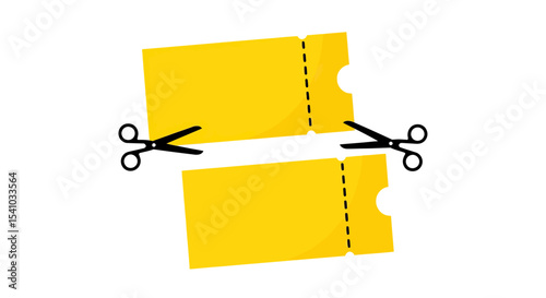 Yellow Ticket Cut in Half with Black Scissors on White Background
