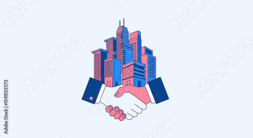 Business Handshake with Blue and Pink Cityscape Illustration on Light Background
