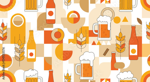 Seamless Pattern of Orange Beer Bottles and Glasses with Wheat on Beige Background
