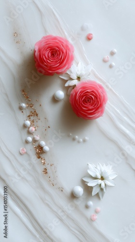 Pink and White Flowers with Pearls and Glitter on a Marble Background