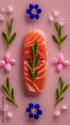 Pink Background Salmon Dish Decorated with Flowers and Herbs
